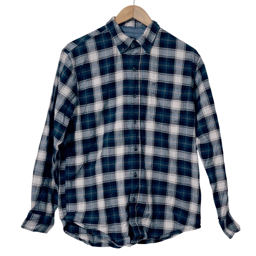 C.E. Schmidt Mens Plaid‎ Button Down Workwear Flannel Shirt Blue White M Rugged